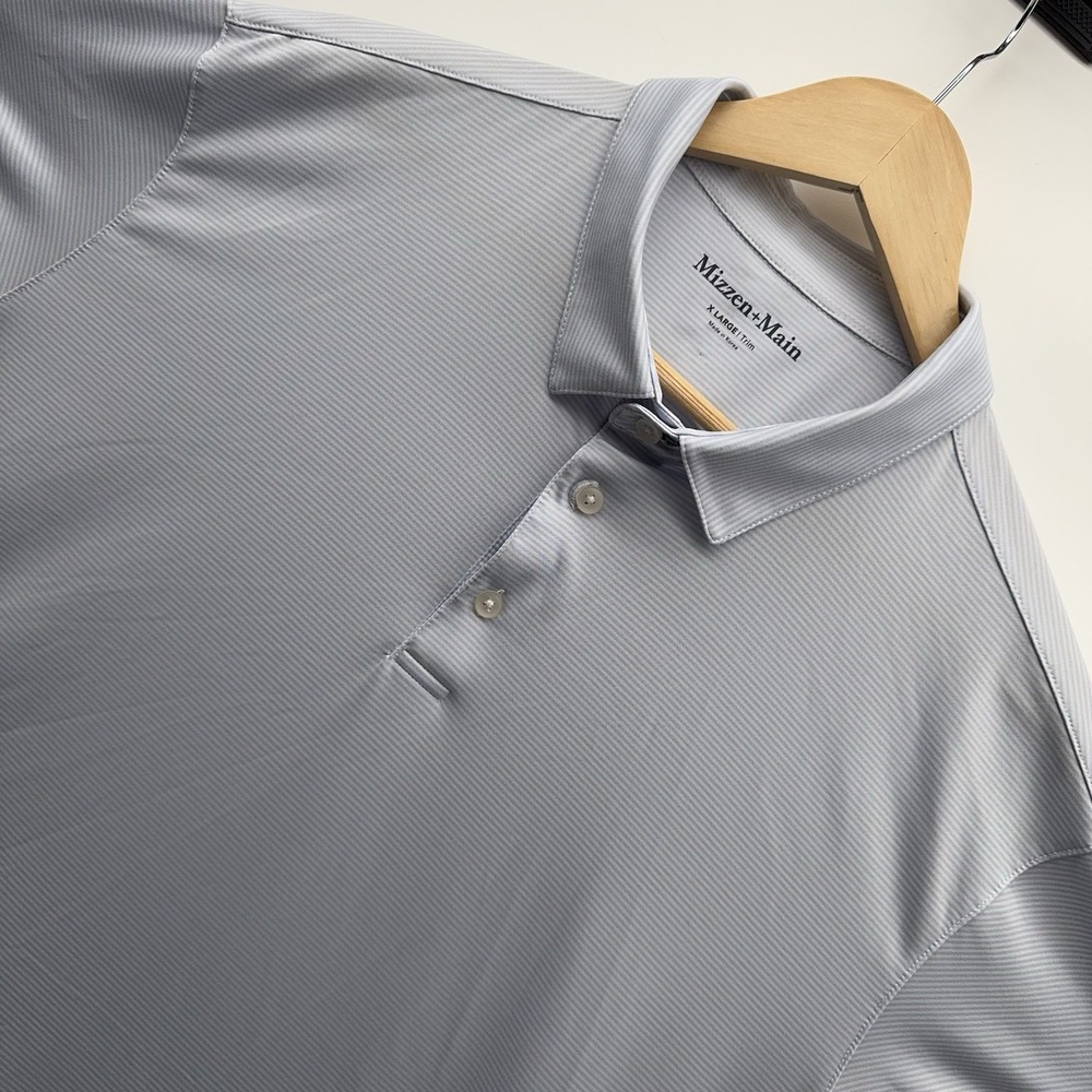 Mizzen Main Shirt Mens XL Trim Polo Light Blue White Micro Stripe Performance